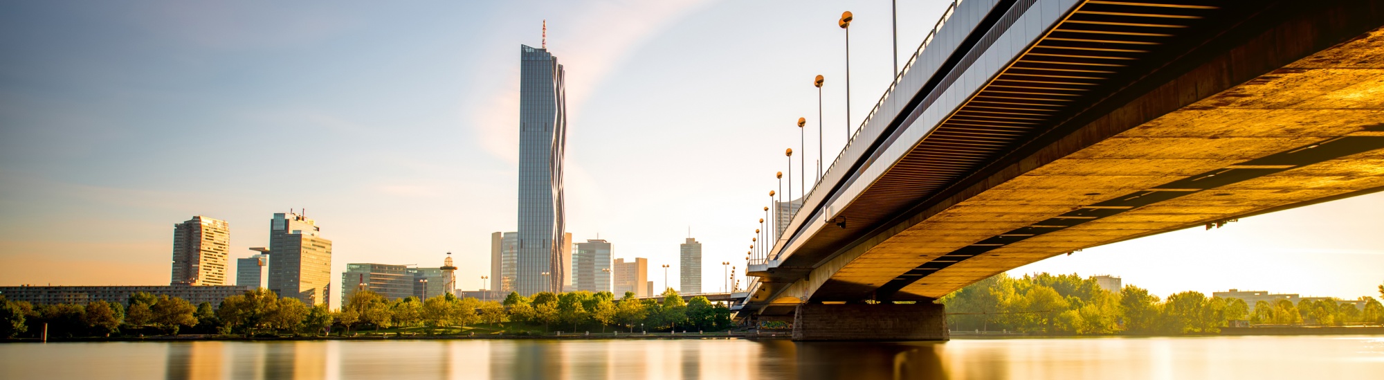 Das Bild zeigt die Reichsbr&uuml;cke vor der Skyline der Donaustadt in Wien.